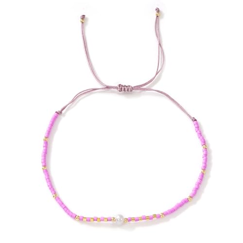 Boho Colorful Glass Gold Plated Seed Beaded Bracelets or Women, Handmade Romantic Freshwater Pearl Adjustable String Braided Rope Jewelry, Summer Beach Daily Party Friendship Gift - color: Purple