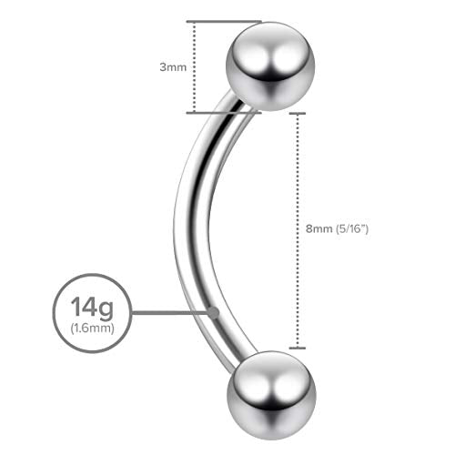 2pc Curved Barbell Daith Rook Conch Labret Helix Lip Ring Tragus Eyebrow Cartilage (choose Color, Gauge, Length) - color: Steel - 8mm (5/16) - 14g