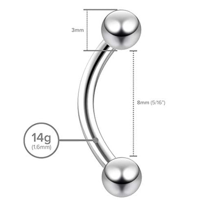2pc Curved Barbell Daith Rook Conch Labret Helix Lip Ring Tragus Eyebrow Cartilage (choose Color, Gauge, Length) - color: Steel - 8mm (5/16) - 14g