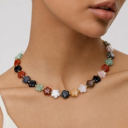 COAI Chunky Colorful Necklace for Women, Summer Beach Jewelry Crystal Flower Necklace for Women, Multi-Gemstones Sodalite Red Jasper Chunky Choker - style: Colorful Beaded Necklace