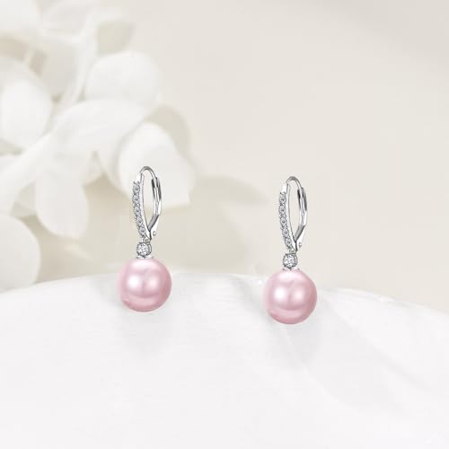 TIGER RIDER Pearl Earrings 925 Sterling Silver Leverback Hypoallergenic Drop Earring Jewelry for Women Birthday Gifts - style: Pink Pearl 3