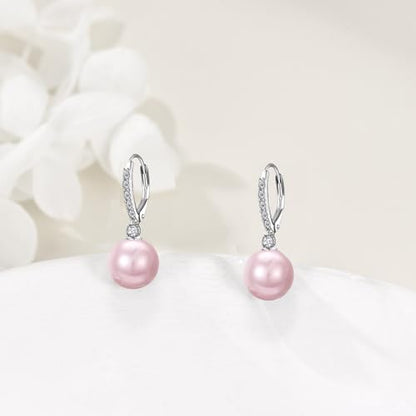 TIGER RIDER Pearl Earrings 925 Sterling Silver Leverback Hypoallergenic Drop Earring Jewelry for Women Birthday Gifts - style: Pink Pearl 3