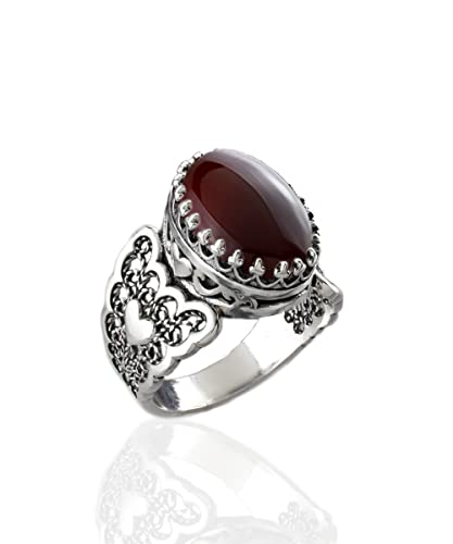 Filigranist 925 Sterling Silver Handcrafted Filigre Art Double Heart Detailed Women Cocktail Ring with Gemstones - color: Carnelian