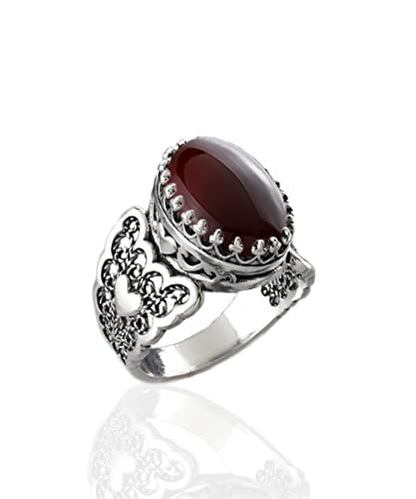 Filigranist 925 Sterling Silver Handcrafted Filigre Art Double Heart Detailed Women Cocktail Ring with Gemstones - color: Carnelian