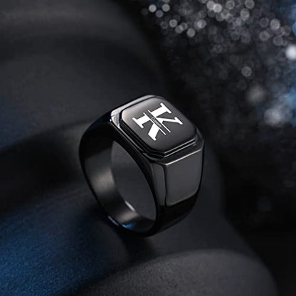 Initial Ring Letter Signet Ring for Men Women Personalized Name Engraved Stainless Steel Fashion Jewelry Wedding Couples Father Day Gift with Ring Size Adjusters - color: B2: Black (Initial Name)