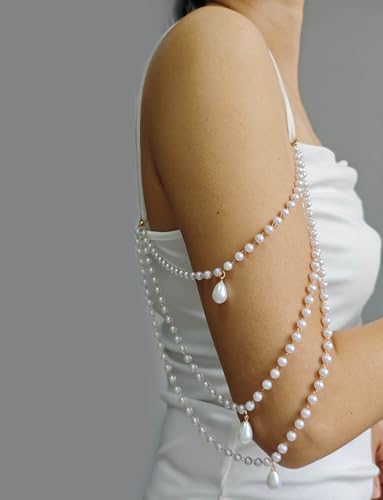 2 Pcs Pearl Shoulder Chain Detachable Bridal Arm Jewelry Layered Beaded Tassel Epaulettes for Wedding Prom Dress Sleeves Pearl Straps Accessory
