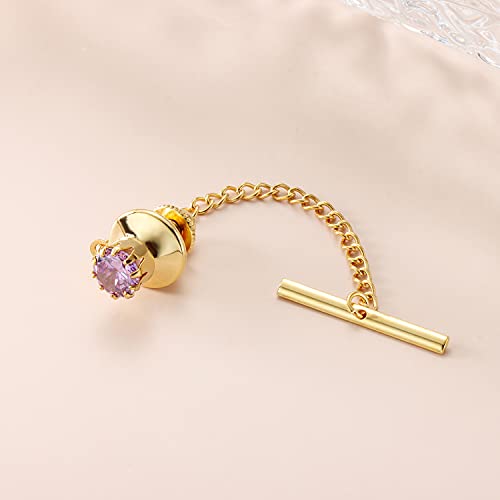 HAWSON Mens Tie Tack with Chain Round Crystal Wedding Business Accessories - color: Gold + Violet