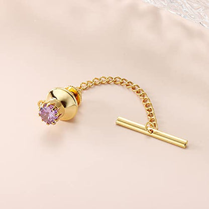 HAWSON Mens Tie Tack with Chain Round Crystal Wedding Business Accessories - color: Gold + Violet
