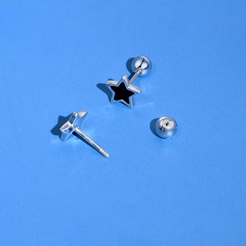 JSGEMSLEE Hypoallergenic 925 Sterling Silver Stud Earrings for Women With Screw Back Small Butterfly Heart Flower Earrings for Girls Tragus Cartilage Jewelry Gifts - color: black star