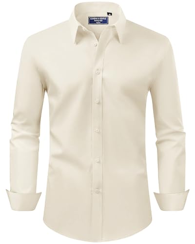 Alimens & Gentle Men's Dress Shirt Regular Fit Stretch Stain Shield Long Sleeve Solid Business Wedding Button Down Shirts - color: Beige, size: Medium