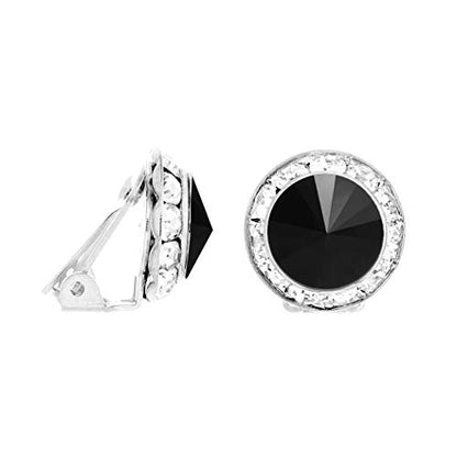 Rosemarie & Jubalee Women's Timeless Classic Statement Clip On Halo Earrings Made With Premium Crystals - color: 15mm, Jet Black Silver Tone