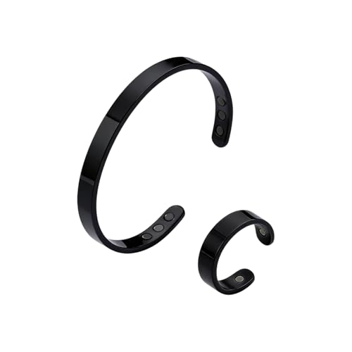 Calming Bracelet Ring Set for Women, Menopause Bracelets Adjustable Bangle Stainless Steel Cuff Climacterium Anxiety Stress Relief Energy Open Jewelry Gift - color: Black + Black