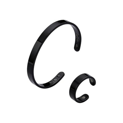 Calming Bracelet Ring Set for Women, Menopause Bracelets Adjustable Bangle Stainless Steel Cuff Climacterium Anxiety Stress Relief Energy Open Jewelry Gift - color: Black + Black