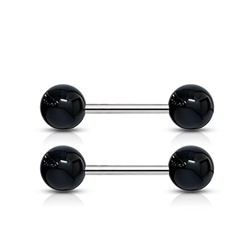 Forbidden Body Jewelry 14 g 16 mm Stainless Steel Nipple or Tongue Ring Barbell Set with Acrylic Balls (Choose Color) - style: Black