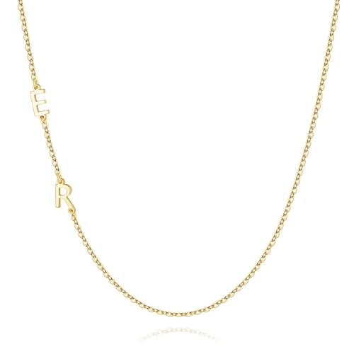 M MOOHAM Sideways Two Initial Necklaces for Women Girls Birthday Gifts | Dainty 14K Gold-Plated, Custom Initial Necklace, Letter Necklace Jewelry, Birthday Gifts for Women Wife Mom Sister Friends - color: initial E & initial R