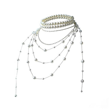 Layered Pearl Choker Necklace for Women Long Pearl Tassel Necklaces Multi Strand Pearl Necklaces Faux Pearl Necklace Wedding Jewelry - color: White