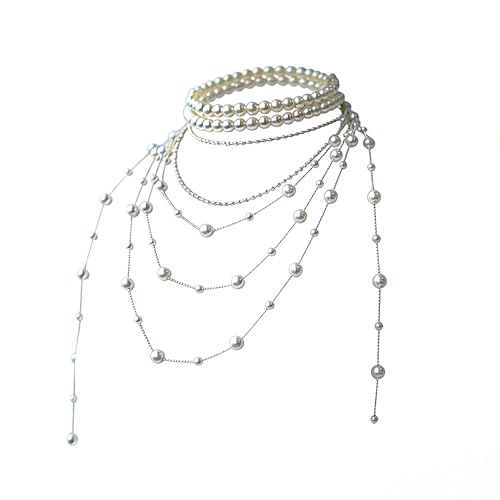 Layered Pearl Choker Necklace for Women Long Pearl Tassel Necklaces Multi Strand Pearl Necklaces Faux Pearl Necklace Wedding Jewelry - color: White