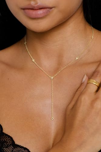Lariat Gold Necklaces for Women Trendy Dainty Long Necklace 14k Gold Plated/Silver Layered Drop Beaded Chain Necklaces Y-shaped Pendant Necklace Simple Gold Jewelry Gifts - color: 5 CZ-Gold