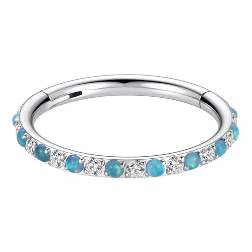FUNLMO 20G 18G 16G 12G Nose Ring Hoop Conch Rook Daith Helix Tragus Piercing Jewelry 316L Surgical Steel Cartilage Earring Conch Hoop Earring Septum Jewelry Belly Lip Ring 5mm to 14mm - color: Silver-clear CZ&blue opal, 1pc