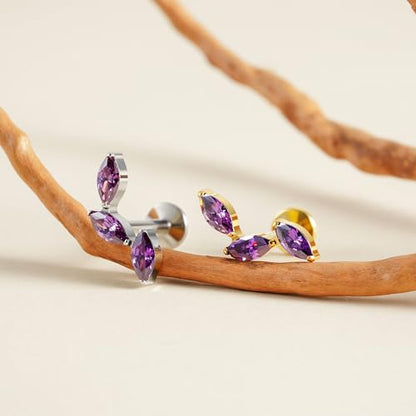 FINE4U 16G CZ Cluster Climber Cartilage Earring for Helix, Tragus - ASTM F136 Titanium Triple Marquise Labret Stud, Screw on Nickel Free Flat Back Jewelry - color: Triple Marquise - Amethyst CZ - Tit