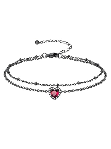 Richsteel Double Layer Heart/Butterfly Birthstone Anklet for Women | Non Tarnish Waterproof, Silver/Gold/Black Stainless Steel 8.5-10.5 Inch Adjustable Chain Anklets Summer Beach Foot Jewelry - color: Black Heart-07 Jul.(Ruby)