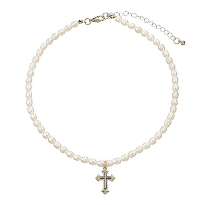 wgoud Natural Freshwater Pearl Choker Necklace for Women, Trendy 14K Gold Plated Pearl Necklaces Handmade Jewelry Gift - color: Cross Two-tone