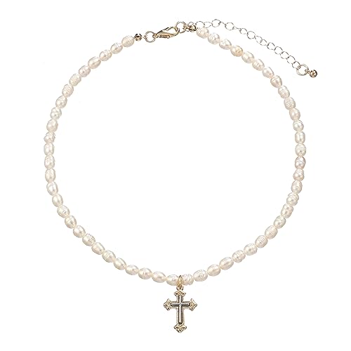wgoud Natural Freshwater Pearl Choker Necklace for Women, Trendy 14K Gold Plated Pearl Necklaces Handmade Jewelry Gift - color: Cross Two-tone