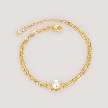 MEVECCO Dainty Chain Bracelets for Women, Layered and Charm Styles | 14K Gold Plated Brass, Select Cubic Zirconia Accents, Single and Multi-Row Structures for Refined Everyday Wristwear - style: 2 Layer 1 Pearl Lace Chain