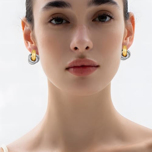 Gold Geometric Clip On Earrings for Women Chunky Gold Knot Link Clip Earrings Trendy Jewelry - color: Two Tone-B