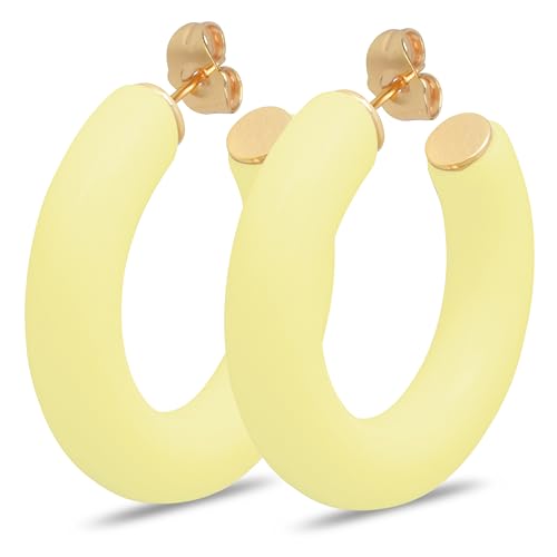 Gold Plated Multicolor Resin Chunky Thick Open Hoop Earrings in 57MM and 37.5MM Diameters - color: Yellow - Pastel - Matte Finish, size: 37.5MM (1.48") Diameter