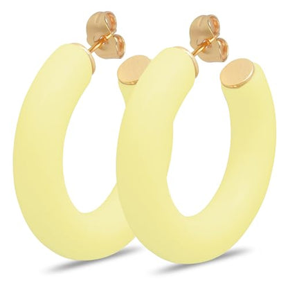Gold Plated Multicolor Resin Chunky Thick Open Hoop Earrings in 57MM and 37.5MM Diameters - color: Yellow - Pastel - Matte Finish, size: 37.5MM (1.48") Diameter