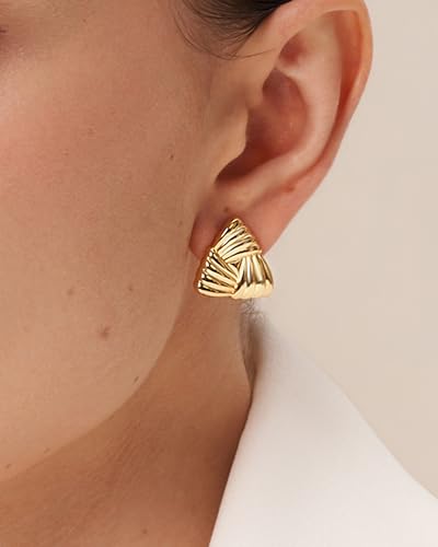 SNGIA 18K Gold Plated Chunky Statement Stud Earrings for Women by SNGIA, Geometric Square Triangle Irregular Knot Dome Earrings, Ribbed Ribbon Textured Gold Silver Fashion Jewelry Gift - style: 18K Gold Plated, Triangle