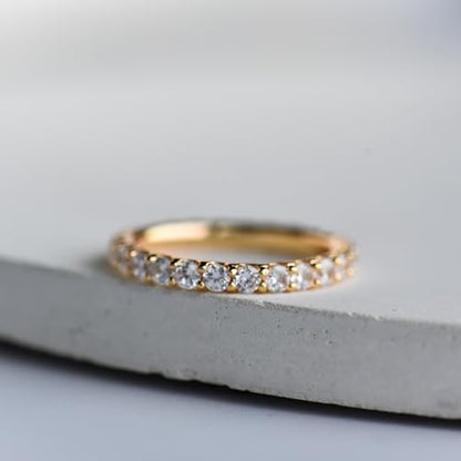 espere Womens Bezel Set Wedding Band | 14K Gold Plated Round Cut CZ Half Eternity Wedding Ring - color: Yellow Gold; Full Eternity Paved
