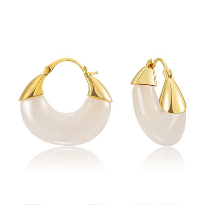 LAXPICOL Gold Chunky Dangle Earrings For Women Resin Stone Earrings Hoop Earrings, 18k Plated Oval Resin Stone Statement Earrings for Women Unique Dangling Teardrop Baroque Huggies Hoop Earrings - color: white-Teardrop 2