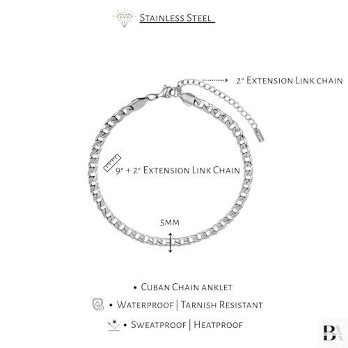 Stainless Steel Chain Ankle Bracelet for Women Adjustable Waterproof Anklet - color: Silver / 5mm Cuban