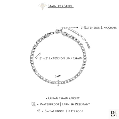 Stainless Steel Chain Ankle Bracelet for Women Adjustable Waterproof Anklet - color: Silver / 5mm Cuban