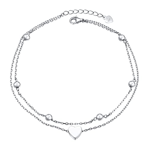 Flyow Anklet for Women S925 Sterling Silver Adjustable Foot Beaded Heart Charm Ankle Bracelet Anklets Jewelry - style: heart charm 10+1
