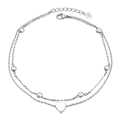 Flyow Anklet for Women S925 Sterling Silver Adjustable Foot Beaded Heart Charm Ankle Bracelet Anklets Jewelry - style: heart charm 10+1