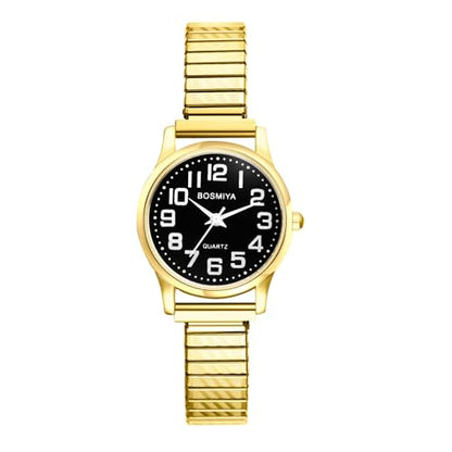 Avaner Stretch Band Wrist Watches: Elastic Strap Bangle Big Number Easy Reader Analog Quartz Wristwatch for Men Women - color: Gold Band Black Dial (for women)
