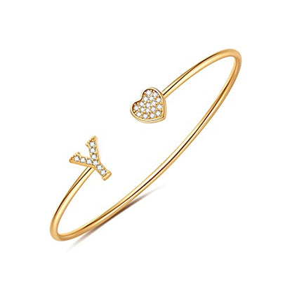 Gold Bracelets for Women Teen Girls, 14K Gold Plated Initial Heart Bangle | Adjustable Open Cuff Bracelet, Dainty Letter Jewelry, Daughter Sister Bridesmaid Friend, Birthday Christmas Graduation Gift - color: Y