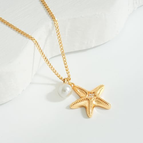 MTMY Gold Starfish Necklace 14K Gold Plated Shell Conch Ocean Pendant Necklace for Women Beach Summer Jewelry - style: starfish pearl