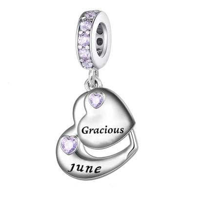 Double Heart Dangle Charm 12 Birthstone Bead for European Bracelet - style: June