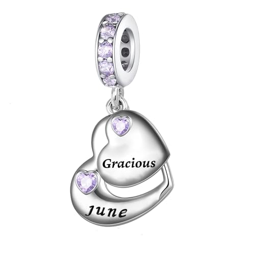 Double Heart Dangle Charm 12 Birthstone Bead for European Bracelet - style: June