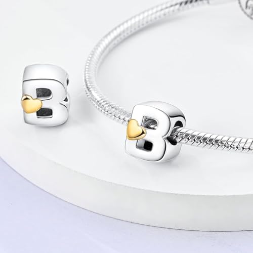 Two-Tone Gold Heart S925 Silver Letter Charm Fits Pandora Bracelet Necklace | Initial Bead Two-Tone Gold Heart, DIY European Bracelet Accessory, Gift for Ladies Birthday Anniversary Valentine - style: B