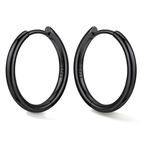 Bestyle Sterling Silver Small Hoop Earrings for Women, Hypoallergenic Silver/Black/Rose Gold/Gold Small Huggie Hoops Helix Cartilage Earring for Multiple Piercing Sleep, Size 8/10/12/14/16/18/20mm - color: Black-Sterling Silver, size: 16mm