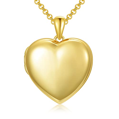 SOULMEET 10K 14K 18K Solid White Gold/Silver Minimalist Style/Infinity Sunflower Heart/Oval Locket Necklace That Holds 1 or 2 Pictures Personalized Photo Locket Necklace Letters Engraving - style: A1-gold plated locket only
