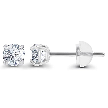 Solid 14K Gold 3mm Round Prong Set Hypoallergenic Genuine Petite Birthstone Stud Earrings - color: White Topaz