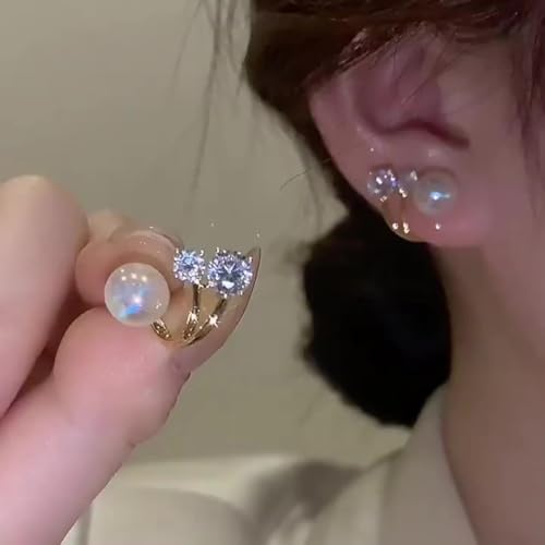 Boho Pearl Ear Jacket Earrings Gold Pearl Stud Earrings Crystal Front Back Earrings Sparkly Cz Wrap Earrings Jewelry for Women - color: Gold