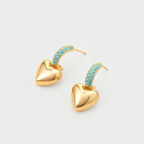 Heart Dangle Hoop Earrings for Women | 14K Gold Plated Love Heart Huggie Earrings, Hypoallergenic Dainty Jewelry Gift for Women - style: Heart-Tur