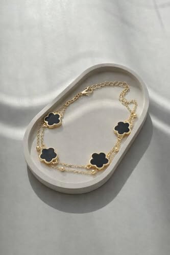 Gold-Tone Double Layer Clover Charm ankle Bracelet, black stone, Adjustable - color: black